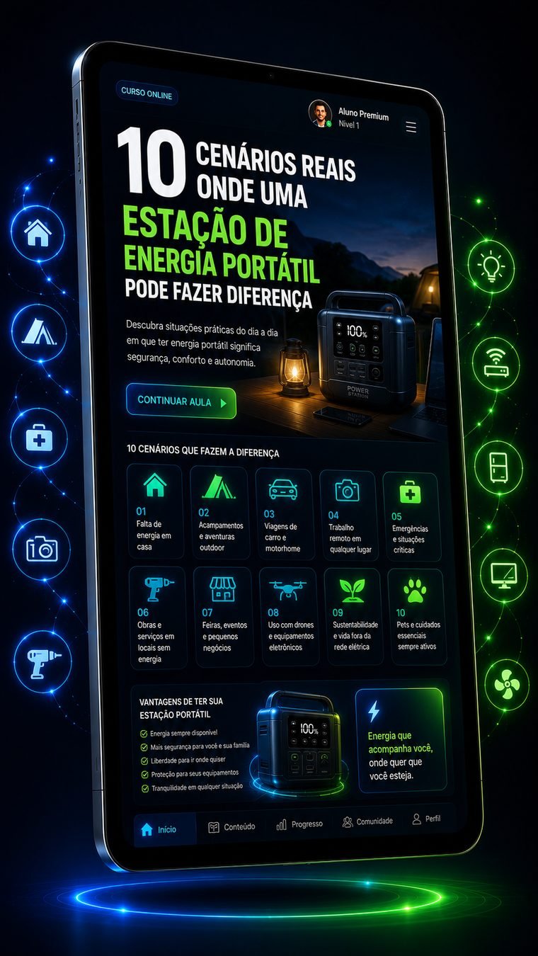 Mockup do curso — 10 Cenários Reais Onde uma Estação de Energia Portátil Pode Fazer Diferença