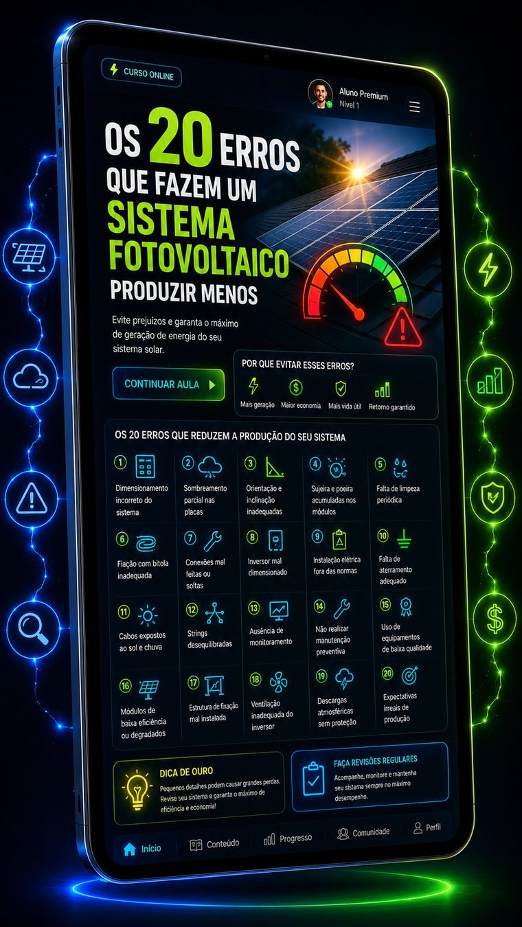 Mockup do curso — Os 20 Erros que Fazem um Sistema Fotovoltaico Produzir Menos
