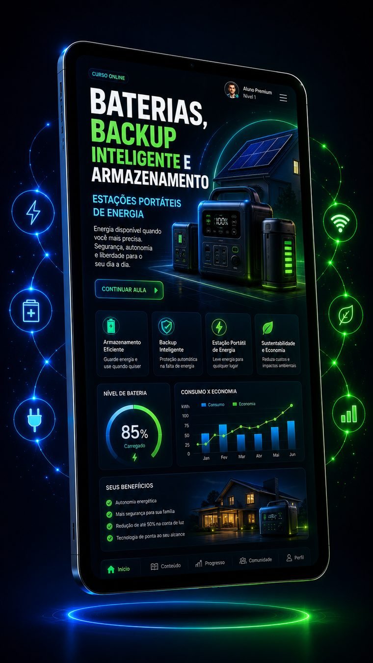 Mockup do curso — Baterias, Backup Inteligente e Armazenamento de Energia